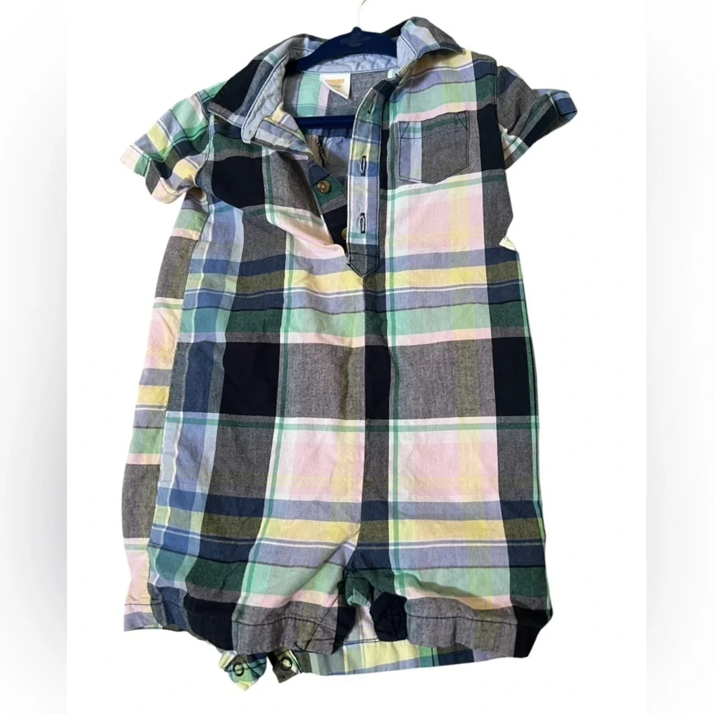 12mo Set of 3 short button t-shirts, romper, long sleeve onesie - plaid & sea